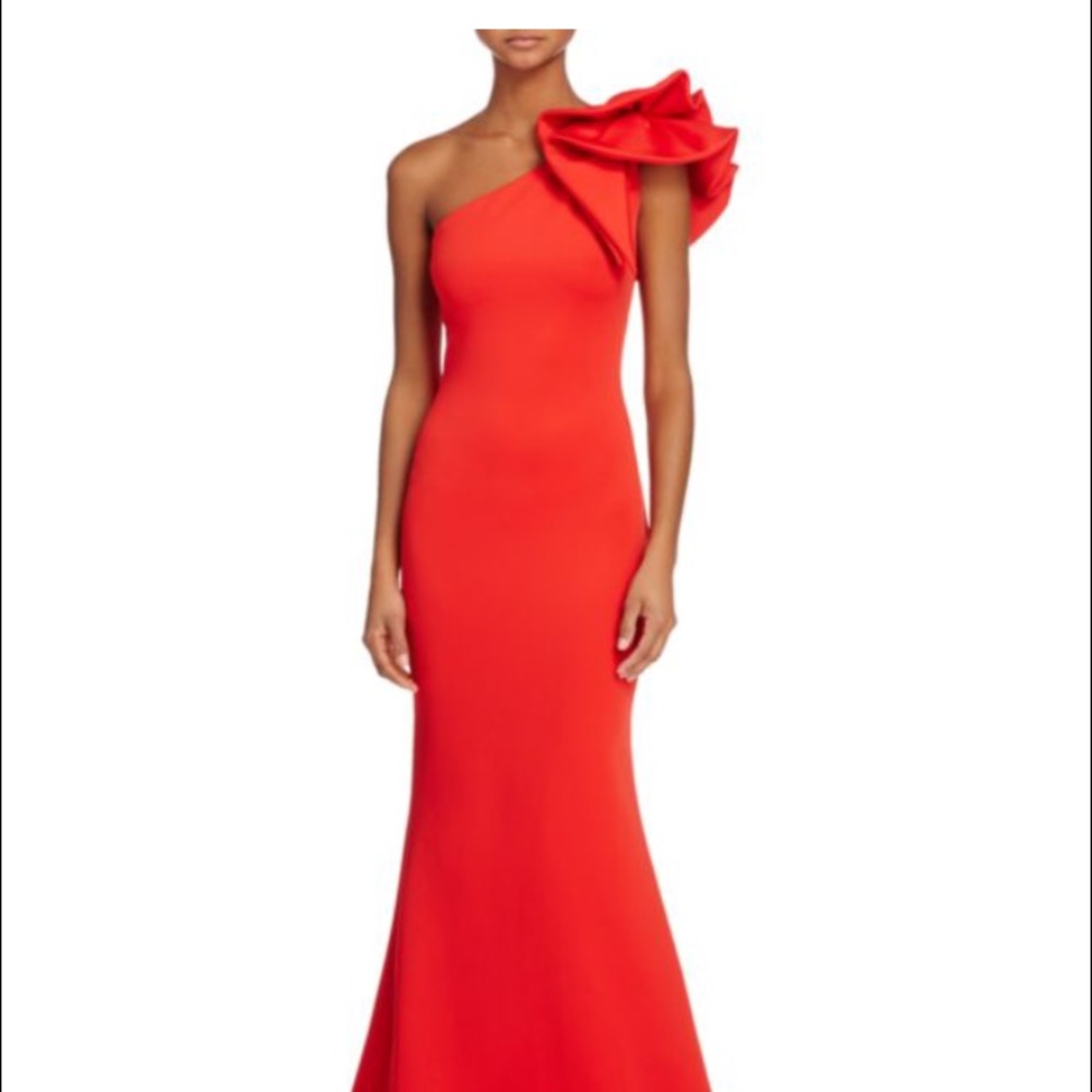 Red one-shoulder ruffle gown